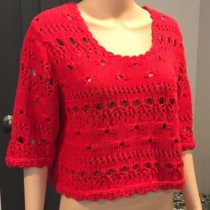 Crochet cotton yarn destroyed look crop sweater red